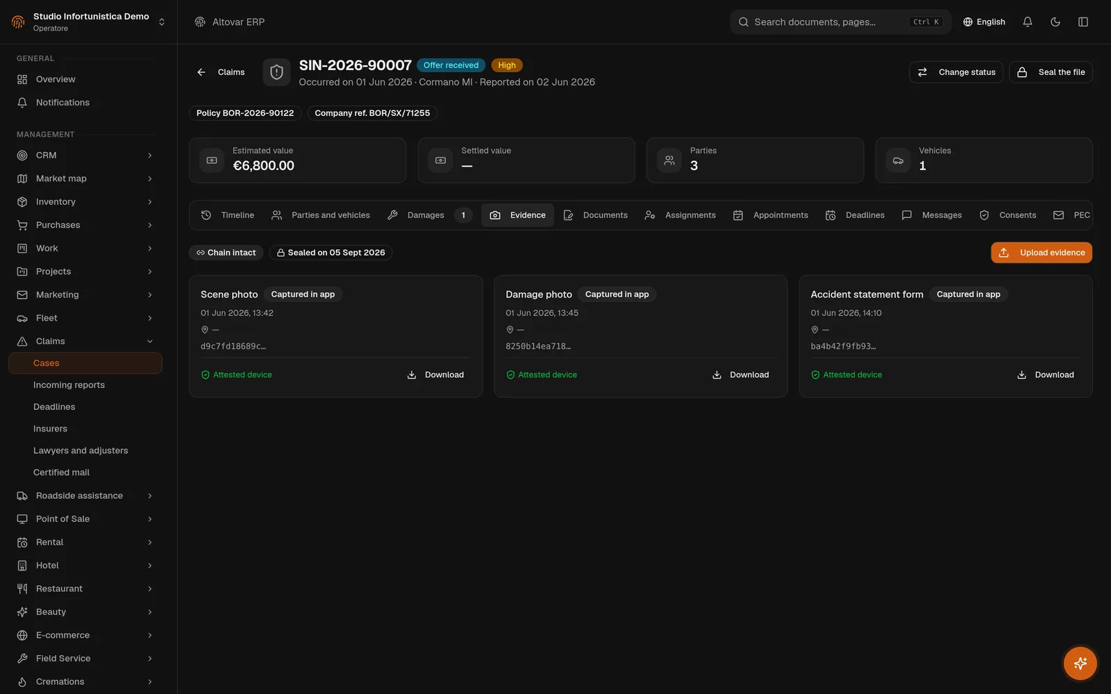 CLAIM SIN-2026-90007 · EVIDENCE TAB, CHAIN INTACT