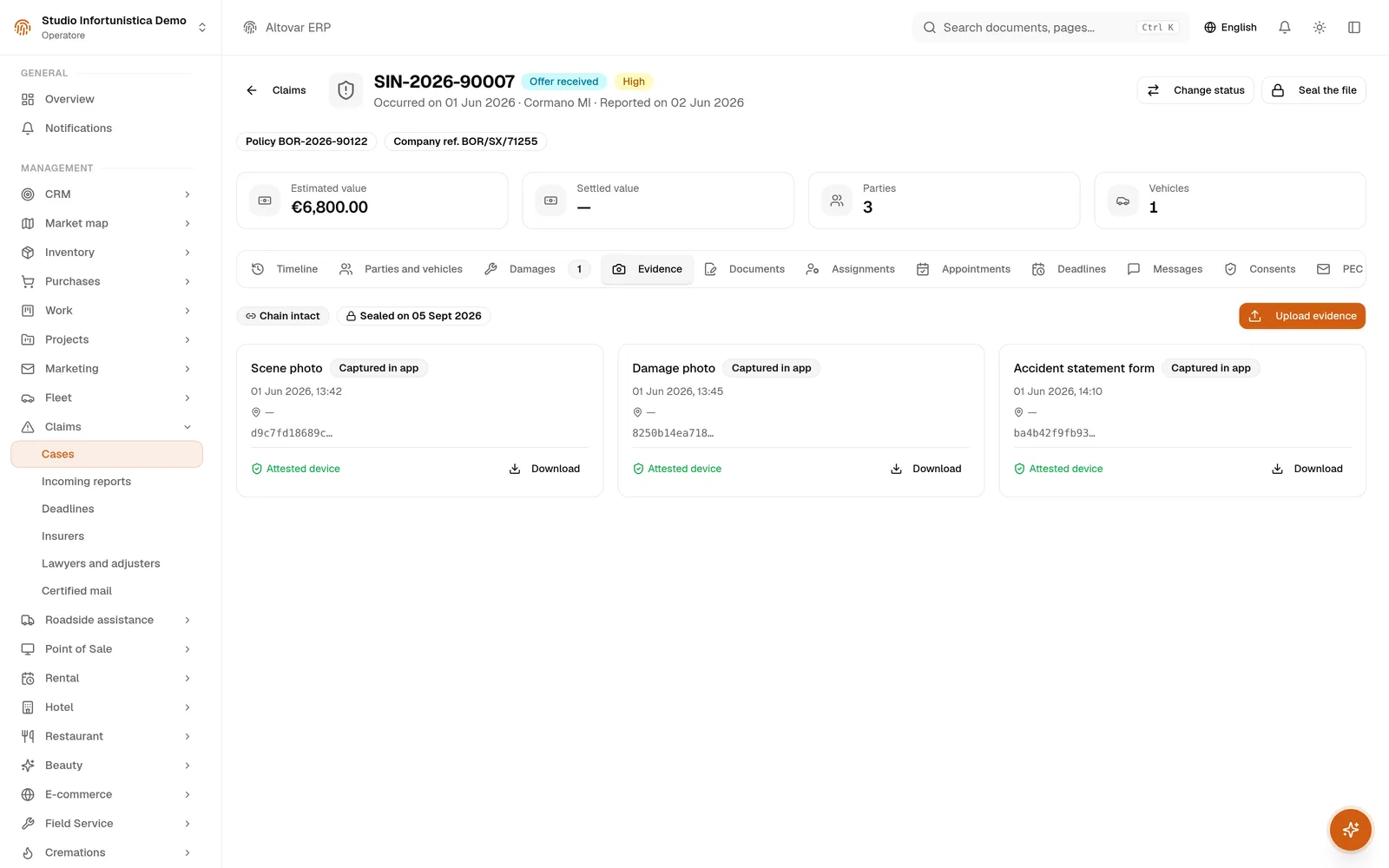 CLAIM SIN-2026-90007 · EVIDENCE TAB, CHAIN INTACT