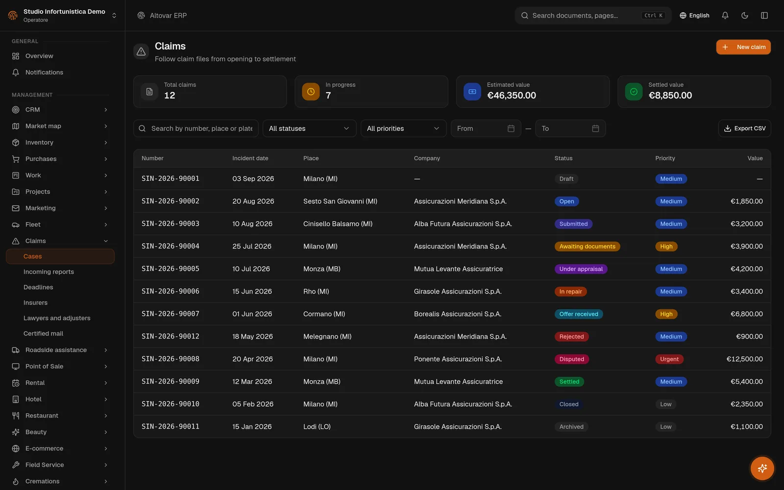 CLAIMS LIST · DEMO DATASET